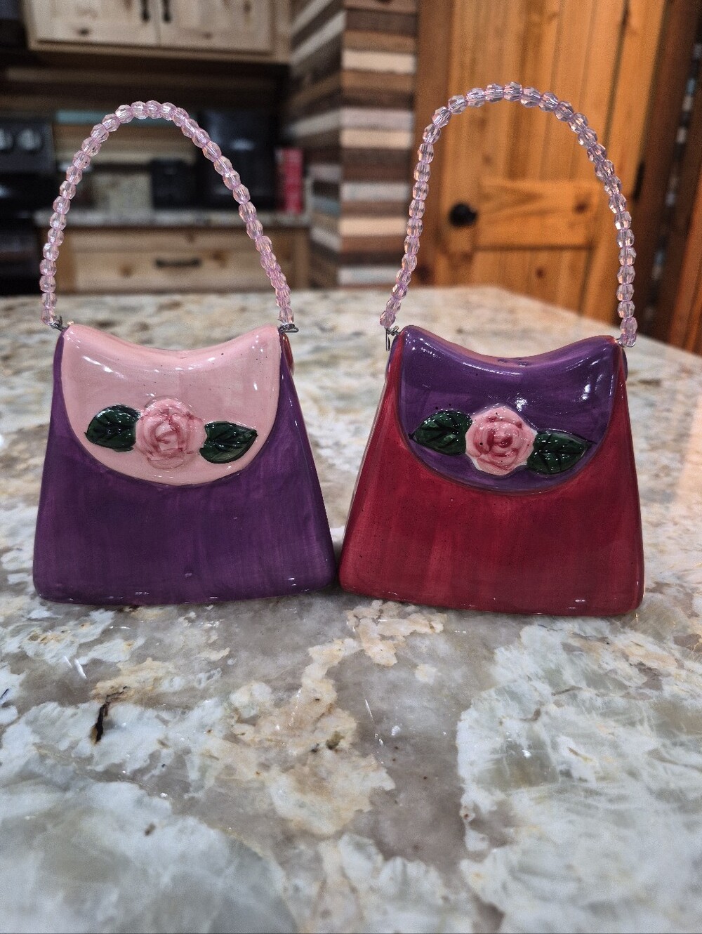 New Vintage Ceramic Purse Shaped Salt & Pepper Shakers With Pink Beaded Handles